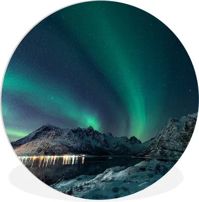 Produktbild von MuchoWow® Rundes Wandbild - Runde Bilder Nordlicht - Berg - Schnee - Grün - Sternenhimmel - Winter Ø 90 cm Kreis Wanddekoration Kunststoff - Wandkreis - Wandschmuck - Wand-Kreis - Wohnzimmer - Bild - Runde - Wanddeko - Dibond - Kunstdrucke