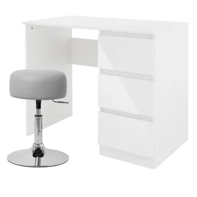 Produktbild von ML-Design Schreibtisch mit Sitzhocker, Weiß, Computertisch mit 3 Schubladen, Polsterhocker Hocker Hellgrau, Ø33cm drehbar höhenverstellbar 52-65cm