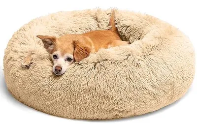 Produktbild von Hundebett Fluffy, Hunde-Kissen Rund Hausetierbett Donut Katzenbett Waschbar mit Antirutschboden für Große, Mittelgroße und Kleine Hunde, 50 cm, Kamelhaar