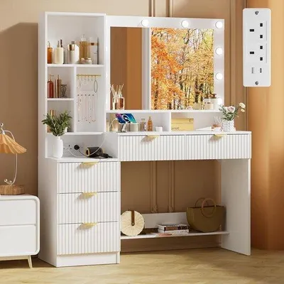 Productafbeelding van Kaptafel met spiegel - Make-up tafel - Schoonheidsroutine - Verstelbare verlichting - 114x40x149cm - Wit
