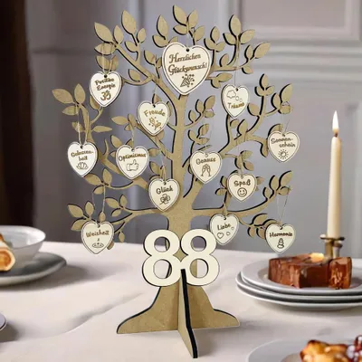 Produktbild von Lebensbaum Geschenk & Deko zum 88. Geburtstag – mit 17 gravierten Herzens-Wünschen | Geldgeschenk