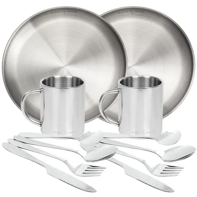 Produktbild von Black Snake® flacher Camping Picknick Teller mit 'lunch' Besteck inklusive Tasse aus Edelstahl - 2 Personen - Set