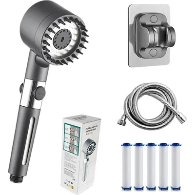A collage of a shower head, hose, filter cartridges, and a shower head holder.