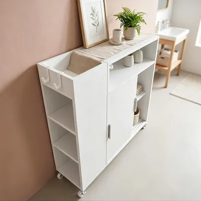 Produktbild von Badezimmerschrank mit Rollen, Nischenschrank, Schiebetüren | Badschrank mit Toilettenpapierhalter, Badezimmer-Rollwagen, verstellbare Regale