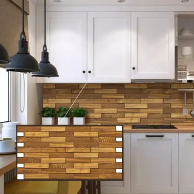 A kitchen scene with white cabinets, a wooden backsplash, and pendant lights. A close-up inset shows a sample of the wood-look wall panels.