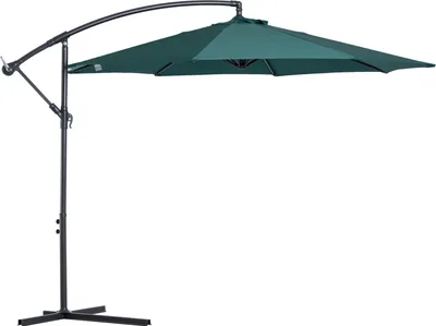 A green cantilever umbrella on a black stand, isolated on a white background.