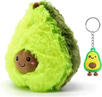 A plush avocado toy and a separate avocado-shaped keychain are displayed against a white background.