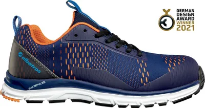 A side view of a blue and orange Albatros safety shoe against a white background, with a "German Design Award Winner 2021" badge in the upper right corner.
