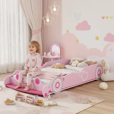 Produktbild von Kinderbett 70x140 cm mit Absturzsicherung und Lattenrost, Auto-f?rmigem Kopfteil, Rosa