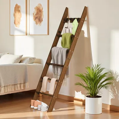 Productafbeelding van Dekenladder met haken - Decoratieve ladder - Woonkamer decoratie - Rustiek dennenhout ontwerp - 6 niveaus - Houtkleur