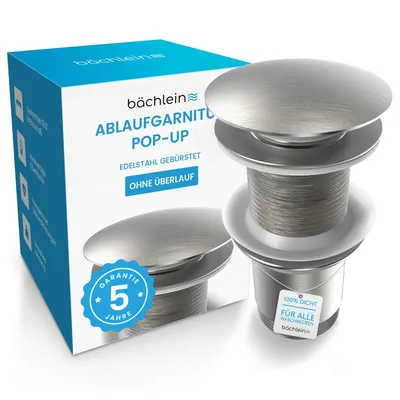 Produktbild von Bächlein Pop Up Ablaufgarnitur ohne Überlauf für Waschbecken & Waschtisch - Edelstahl gebürtstet