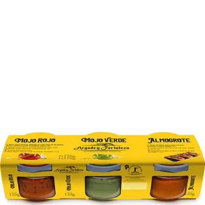 Zdjęcie produktu dla Mojo Rojo Mojo Verde Almogrote Argodey Fortaleza. Zestaw tradycyjnych sosów z Wysp Kanaryjskich 3w1. 2x120g + 1x110g