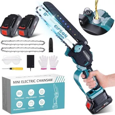 Imagen del producto de Motosierra de 8 pulgadas con motor de rotor: 1100 W, 2 baterías, velocidad de corte de la cadena de hasta 28 m/s, ideal para árboles y jardinería