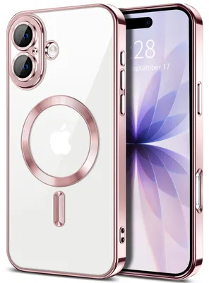 Obrázek produktu pro Měkké průhledné magnetické pouzdro pro iPhone 17, kompatibilní s MagSafe, s ochranou fotoaparátu, galvanicky pokovené TPU Růžový