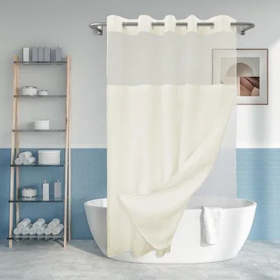 Produktbild von Duschvorhang ohne Haken – Gewebter PEVA-Innenfutter – Hotelstil, Creme-Farbe – 71 x 74 Zoll – Wasserabweisend mit durchsichtigem oberen Fenster