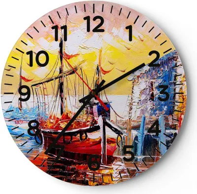 Produktbild von Wanduhr - Rund - Glasuhr - Boot Segel Meer - 40x40cm - Schleichendes Uhrwerk - Lautlos - zum Aufhängen bereit - Dekoration Modern - Wanddekoration aus Glas - C4AR40x40-3435