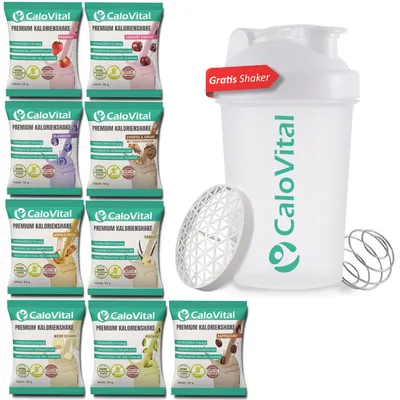 Produktbild von CaloVital Hochkalorische Trinknahrung für gezielte Gewichtszunahme [PROBIERPAKET INKL. GRATIS SHAKER]  9er Pack Frucht & Dessert je 50 g Pulver