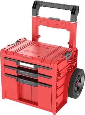 A red rolling tool cart with drawers and a retractable handle against a white background.