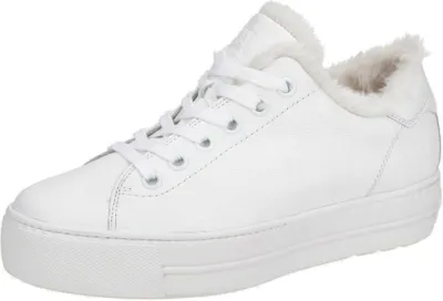 A white leather sneaker with a white sole and a white fur lining.