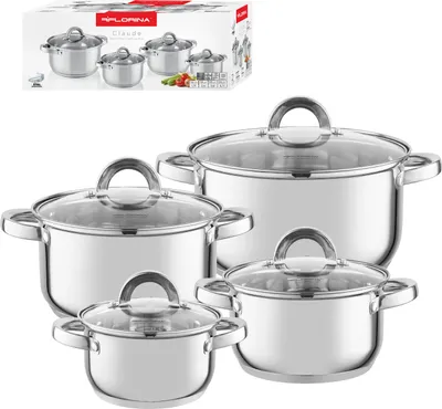 Immagine prodotto di Set di 8 pentole induzione in acciaio inox con coperchio in vetro FLORINA