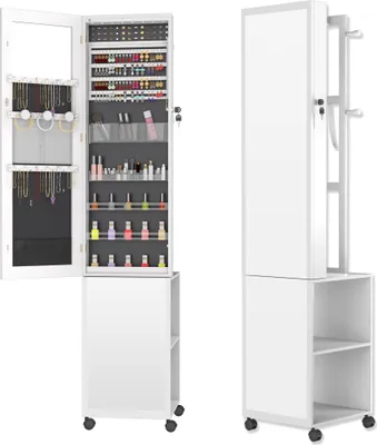 Obrázok produktu pre JOIEYOU Skrinka na šperky so zrkadlom Zrkadlová skrinka Skrinka na make-up s kolieskami a 6 LED diódami Uzamykateľný úložný priestor na šperky Organizér na make-up 3 v 1 so zrkadlom po celej dĺžke Stojace zrkadlo, biele