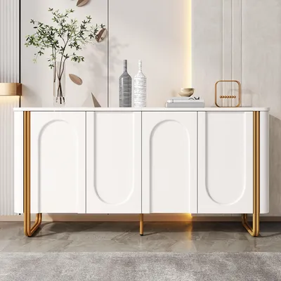Immagine prodotto di Mobile contenitore laterale Merax con rilievo a motivi decorativi, credenza con 4 ante a spinta e sistema di apertura a pressione, spazio di stoccaggio a più livelli, mobile per soggiorno con gambe in ferro, MDF, bianco