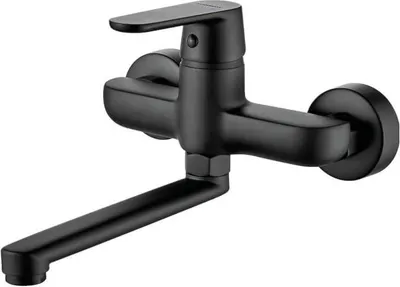 A black matte wall-mounted faucet with a long spout.