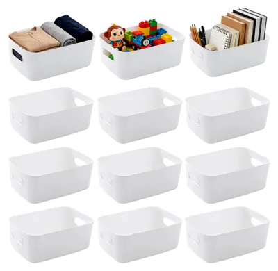 Produktbild von 12 Stück Kunststoff-Aufbewahrungsboxen in Weiß mit Griffen, rechteckige und stapelbare Körbe für Büro, Küche und Bad, 30x20x12cm