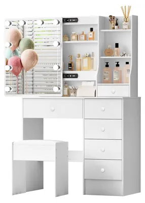 Imagen del producto de Tocador con espejo LED: incluye 10 luces LED, 6 cajones, 3 estantes, taburete y es de color blanco