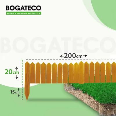 Produktbild von BOGATECO Rollborder Holzlatten | 20cm Hoch & 200cm lang | Holz-Zaun | Staketenzaun Perfekt als Beet-Umrandung | Braun