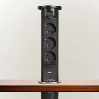 Productafbeelding van Gemotoriseerde, inbouwbare stekkerdoos - Zwart, met 3 kindersloten + 2 USB-poorten (3,1 A), 3500 W, 230 V AC [20451B]