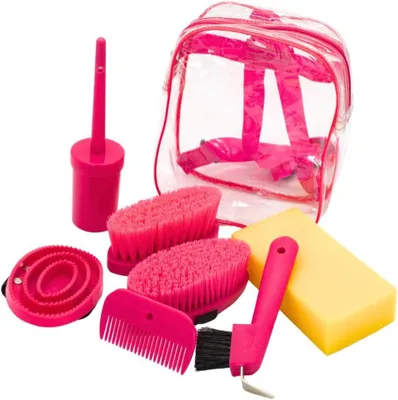 Productafbeelding van Kinder Schoonmaak Set - Paardenverzorgingstas - Paardenpoetsen - Transparante Rugzak - 7-delig - Roze
