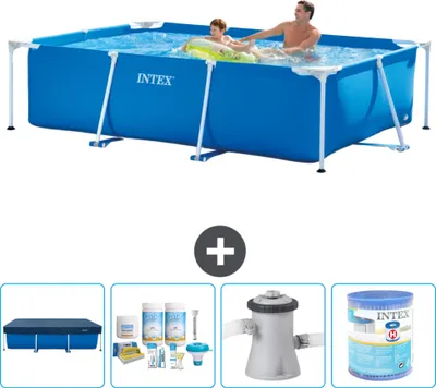 Produktbild von Intex-Schwimmbecken mit rechteckigem Rahmen – 260 x 160 x 65 cm – Blau – im Lieferumfang enthalten Abdeckung - Wartungspaket - Filterpumpe für Schwimmbad - Filter