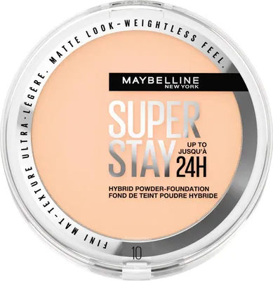 A top-down view of a Maybelline Super Stay 24H Hybrid Powder-Foundation compact.