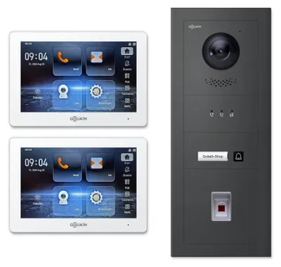 Produktbild von Goliath IP-Video-Türsprechanlage GL-IPH130M für 1 Familie – Fingerprint, Anzeigemodul : 2 Monitore : 7 Zoll Weiß : Anthrazit : Unterputzdose Monitor Anzahl: 2 Monitore Monitor Farbe: 7 Zoll Weiß Montage: Unterputzdose Türklingel Farbe: Anthrazit