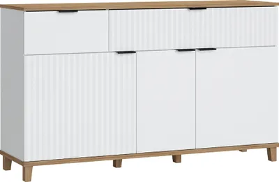 Produktbild von Kommode in weiß mit Eiche Nb. PLYMOUTH-129 mit 3 Türen, 2 Schubladen, B/H/T ca. 144,8/86,4/40 cm