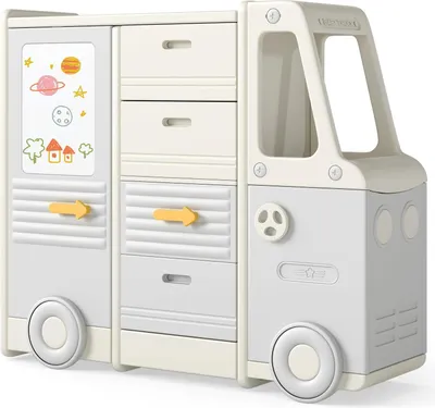 Image de Étagère à jouets en forme de bus - Bibliothèque/rangement pour enfants - Tableau blanc - 4 tiroirs et placards - Plastique - Assemblage requis - Beige