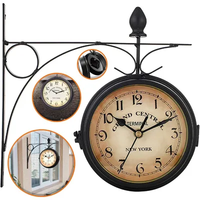 Produktbild von Wanduhr Vintage, mit Beidseitigem Zifferblatt, Doppelseitige Bahnhofsuhr Schmiedeeisen Retro