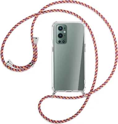Produktbild von Handykette Backcover-Schutzhülle mit Band (Metall silberfarben) für OnePlus 9 Pro - weinrot/gelb/grau
