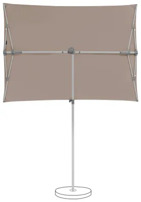 A rectangular patio umbrella shown from the underside, with its pole and base.