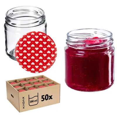 A collection of glass jars with red and white heart-patterned lids, some filled with jam, and a box containing 50 jars.