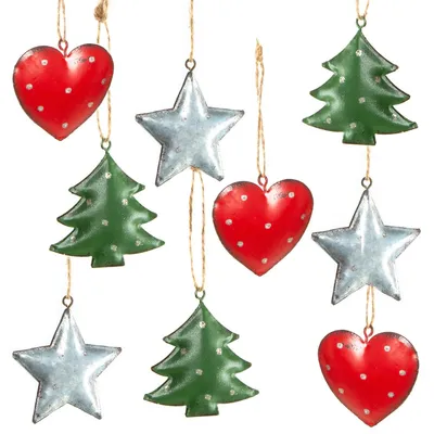 Produktbild von 9 Weihnachtsanhänger Herz Baum Stern grün rot silber Baumschmuck aus Metall