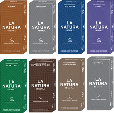 Obrázok produktu pre La Natura Lifestyle Capsules Selection BOX, vysokokvalitná darčeková sada kávových kapsúl kompatibilných s Nespresso®*³, balenie 80 ks, 8 x 10 nápojov