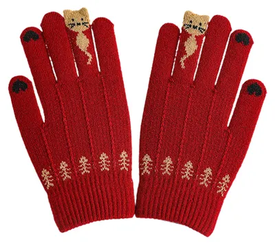 Produktbild von 1 Paar Handschuhe mit Herzkatzenmuster, gerippten Bündchen, Touchscreen-Funktion, Winter-Strickhandschuhe mit dickem Fleecefutter
