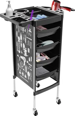 A black salon trolley with multiple drawers and compartments, containing various hairdressing tools and accessories.