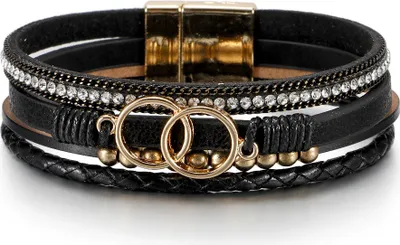 Produktbild von Schwarzes Boho-Armband für Damen, 19,5 cm, goldfarbener Magnetverschluss, Kunstleder