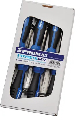 Produktbild von Stechbeitelsatz 6,10,12,16,20,26mm 2-K Heft.m.Schlagknopf 6-tlg.Krt.PROMAT