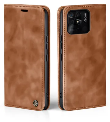 A brown leather flip case for a Xiaomi Redmi 10C phone is shown from two angles.
