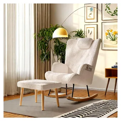 Produktbild von Schaukelsessel mit Fußstütze, Kopfstütze und Seitentasche für Wohnzimmer und Schlafzimmer (Weiß)