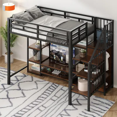 Immagine prodotto di letto a soppalco okwish 90x200 per giovani senza materasso, struttura letto con porta TV e scaletta portaoggetti, letto in metallo con presa di corrente e pratico vano portaoggetti, nero